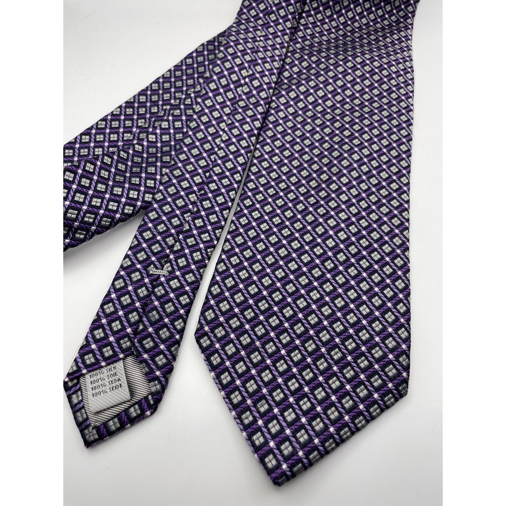 W.H. Belk Men Silk Necktie Purple Grey White Geometric Diamond Pattern Woven Tie